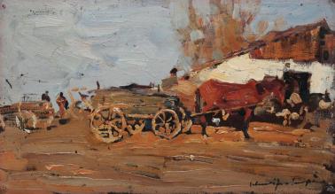 Rudolf Schweitzer-Cumpăna - Margine de sat cu căruţe şi un roib